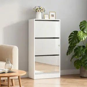 Narrow Shoe Storage Cabinet with Mirror, Wood Slim Shoe Rack 3 Tier Shoe Organizer for Home and Apartment, White