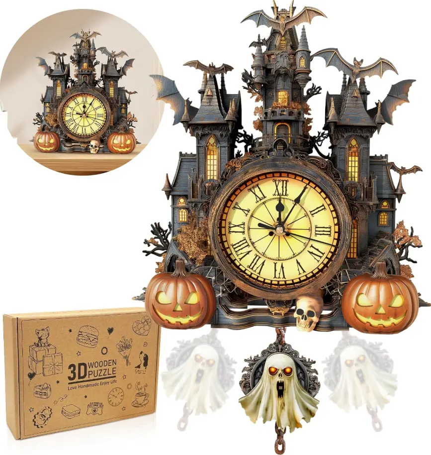 3D Puzzles Clock-Halloween Cottage Design Model Kit-Mechanical DIY Pendulum Clock with Roman Numerals-Mysterious Castle-Desk Home Office Decor Personalized Gift for DIY Lovers Aged 10+