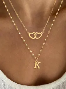 Initials Double Heart Design Necklace, Initial Letter Necklace, Stainless Steel Layered Necklace for Women, Fashion Jewelry for Party, Daily Decor, Trendy All-match & Exquisite Jewelry for Birthday Gift