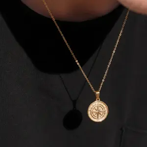 Gold Color Mens Compass Necklaces,Vintage Viking North Star Anchor Medal,Stainless Steel Pendant for Male Boyfriend Dad Gift