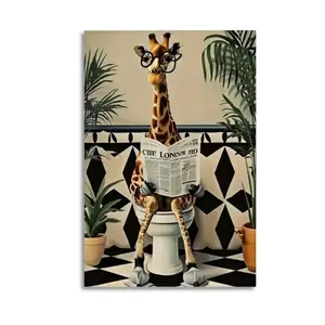 Funny Giraffe Meme Animal Canvas Print - Quirky Toilet Humor Artistic Poster, Cute Aesthetic Home Decor Artwork for Apartment Bathroom, Unique Gag Gift for Friends Coworkers Housewarming Bedroom Decoration