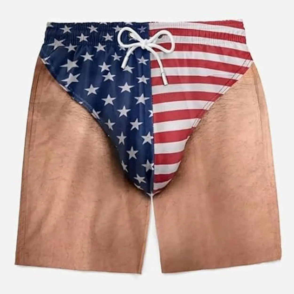 Funny Patriotic Hairy Legs Men's Swim Trunks, USA Flag Beach Shorts, Novelty Illusion Swimwear, Quick Dry Summer Board Shorts, 4th of July Pool Party Swim Shorts