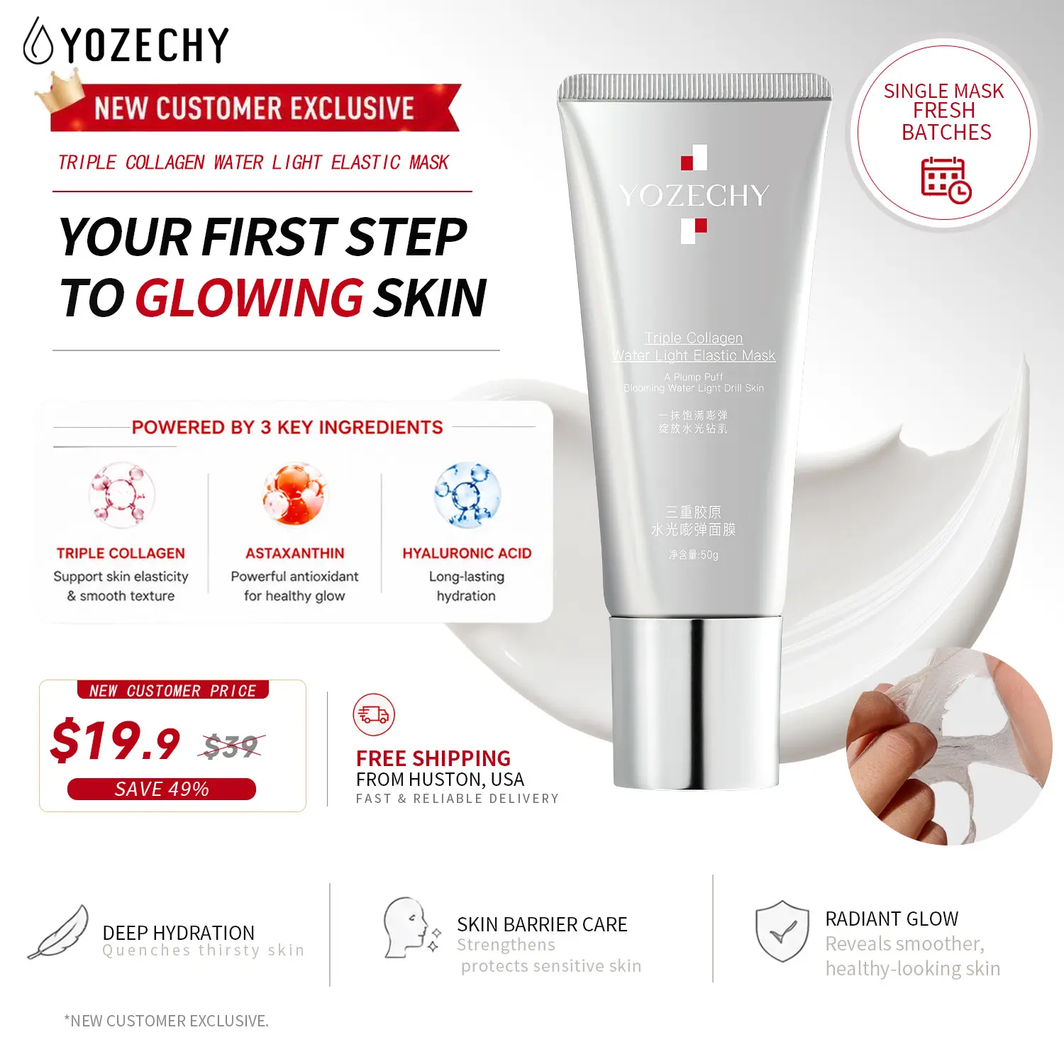 【New Customer Exclusive】YOZECHY Triple Collagen Mask - 300-500 Dalton Peptides for Deep Absorption, Hydrates, Fights Aging, Brightens, & Smooths. Triple Elastin + Hexapeptide Complex—instantly reveals radiant, youthful skin.