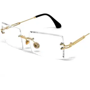 Street Knitted Luxury Rimless Designer Square Retro Gold Wire Metal Frame Clear Lens Eye Glasses Unisex Trendy Rectangle Frameless Hip Hop Glasses For Men And Women
