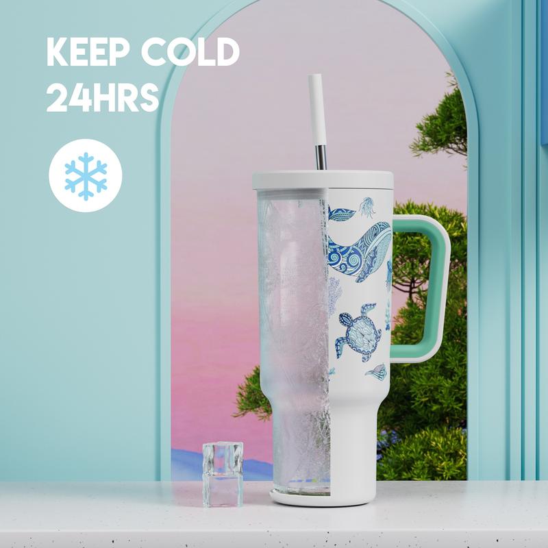 【Latest Style】 - Meoky 40oz Stay Hot Or Cold All DayStainless Steel Thermos Cup, Perfect For Car, Office & Travel, Large Capacity, Trendy Design, Valentine's Day gift Ready Glow-In-The-Dark White Marine Life, Insulated Mug Tumbler With Handle