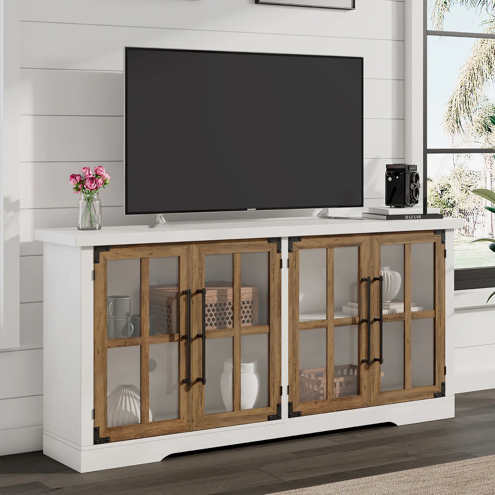 ALBOTT 63" Farmhouse TV Stand w 4 Glass Doors, Modern Buffet Sideboard Cabinet w Storage, Entertainment Center w Adjustable Shelf for TV's up to 75"[tiktokshopbacktoschool][SohoChic]