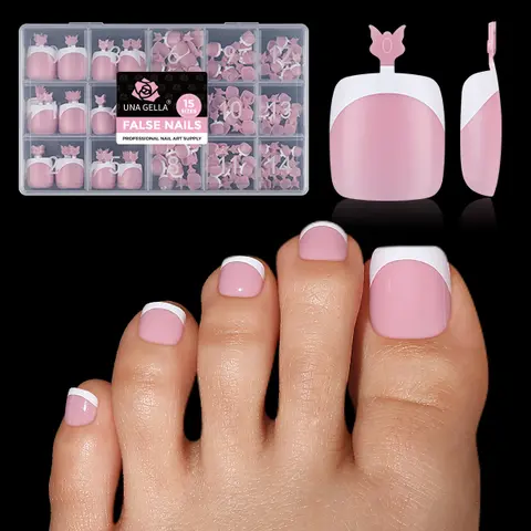 UNA GELLA 180PCS Pre-Designed French Tip Soft Gel Press On Toe Nail Tips 15 Sizes, Pre-Etched Full Cover Sharp & Soft Square X Soft Pink Fake Toenail Extensions, DIY Salon Pedicure TikTok Nail Supplies