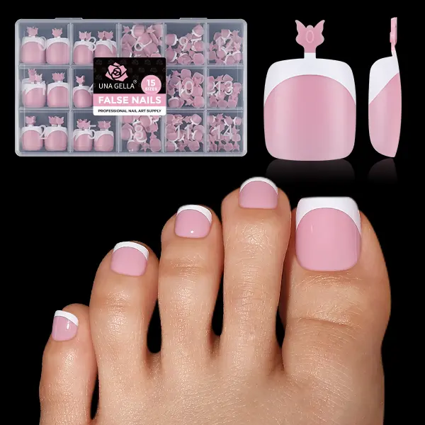 UNA GELLA 180PCS Pre-Designed French Tip Soft Gel Press On Toe Nail Tips 15 Sizes, Pre-Etched Full Cover Sharp & Soft Square X Soft Pink Fake Toenail Extensions, DIY Salon Pedicure TikTok Nail Supplies