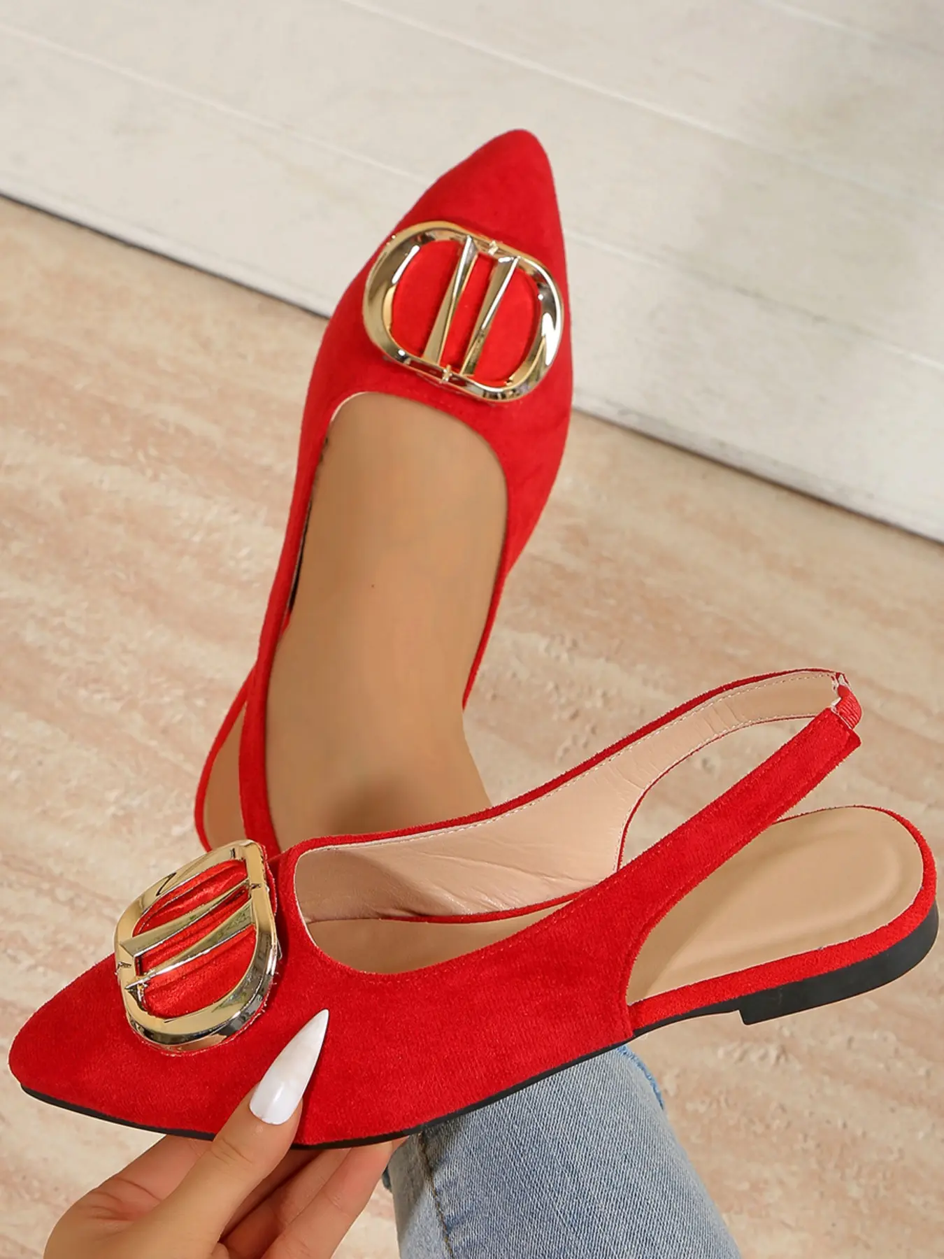 Women's Elegant Pointed Toe Sandals, Metal Buckle Design, Fabric Upper, Low Heel Flat Shoes, All Season Comfort Walking Shoes, Chic Summer Footwear