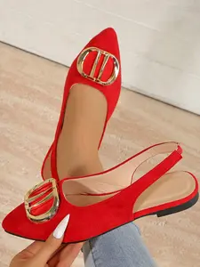 Women's Elegant Pointed Toe Sandals, Metal Buckle Design, Fabric Upper, Low Heel Flat Shoes, All Season Comfort Walking Shoes