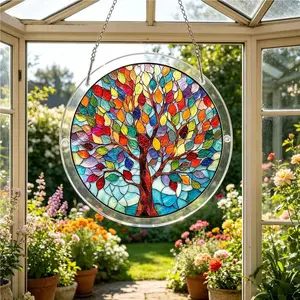 Stained Glass Suncatcher Acrylic Stained Glass Suncatcher, 7.4" Round Window Hanging Ornament with Chain, Waterproof Sun Catcher for Indoor/Outdoor Home Decor Hangable Decoration