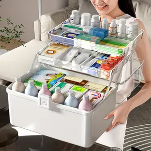 Three-Layer Large Capacity Household Medicine Box, Multi-Functional Storage Box, Foldable Tool Box, Art and Craft Storage Box, Sewing Supplies Organizer, Home First Aid Kit, Kitchen, Bedroom, Bathroom, Garage Medicine Storage Box with 2 Trays