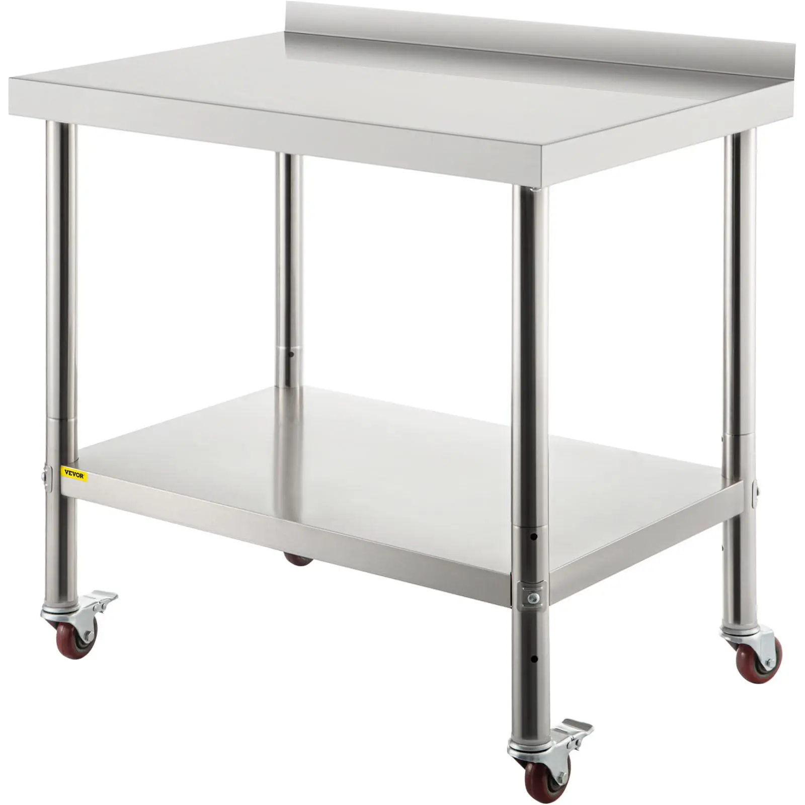 VEVOR 36x24 in Rectangle Stainless Steel Commercial Kitchen Prep Table - 440lbs Load Capacity, Heavy-Duty Smooth Metal Worktable, Backsplash, Adjustable Undershelf, 4 Casters, Storage, Hand-Operated Expandable Design, Garage Space Saving Furniture