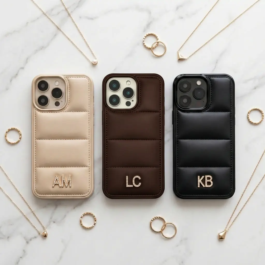 Personalized iPhone Case - Custom Zirconia Initials Puffer Case | Luxury Aesthetic Phone Cover for Women | Cute Girly Gift | Feminine Accessories | Trendy It Girl Style | iPhone 17 16 15 14 13 12 Pro Max