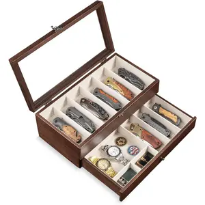 Knife Display Case, 2-Layer Pocket Knife Case Display & Storage Knives, Solid Wood Knife Case for Collections, Gift for Boyfriend Fathers Day Birthday Gifts (Walnut)