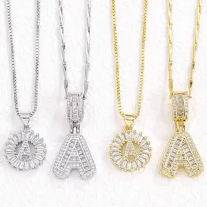 Women's 14K Gold Plated Double Layer Initial A Necklace - Iced Out Baguette Cut Cubic Zirconia, Round Disc + Big Letter Stackable Choker, Luxury Bling Alphabet Pendant Jewelry for Birthday Anniversary Gift