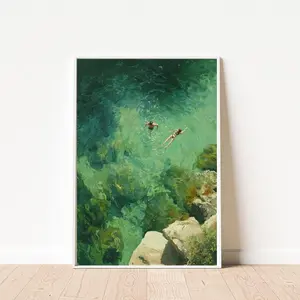 Swimming in Green Abstract Print, Vintage Retro Wall Art, Minimalist Summer Holiday Decor, Art Gift