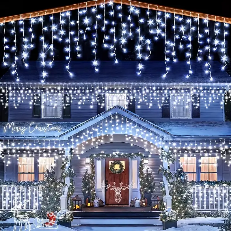 Plug-in icicle string lights – 4 m/13 ft, 96 LED outdoor Christmas decorations, 8 lighting modes, suitable for terrace, garden, eaves, camping, Christmas, weddings, and holiday party decoration, IP44 waterproof.