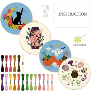 4counts Cute Style Halloween Theme Embroidery Kit, Embroidery Craft - Fabric Decorative Paintings with Moon Cat, Crucible, and Ghost Patterns - Includes 1 Embroidery Hoop - Suitable for Beginners and Sewing Enthusiasts - Party Decorations and Gifts