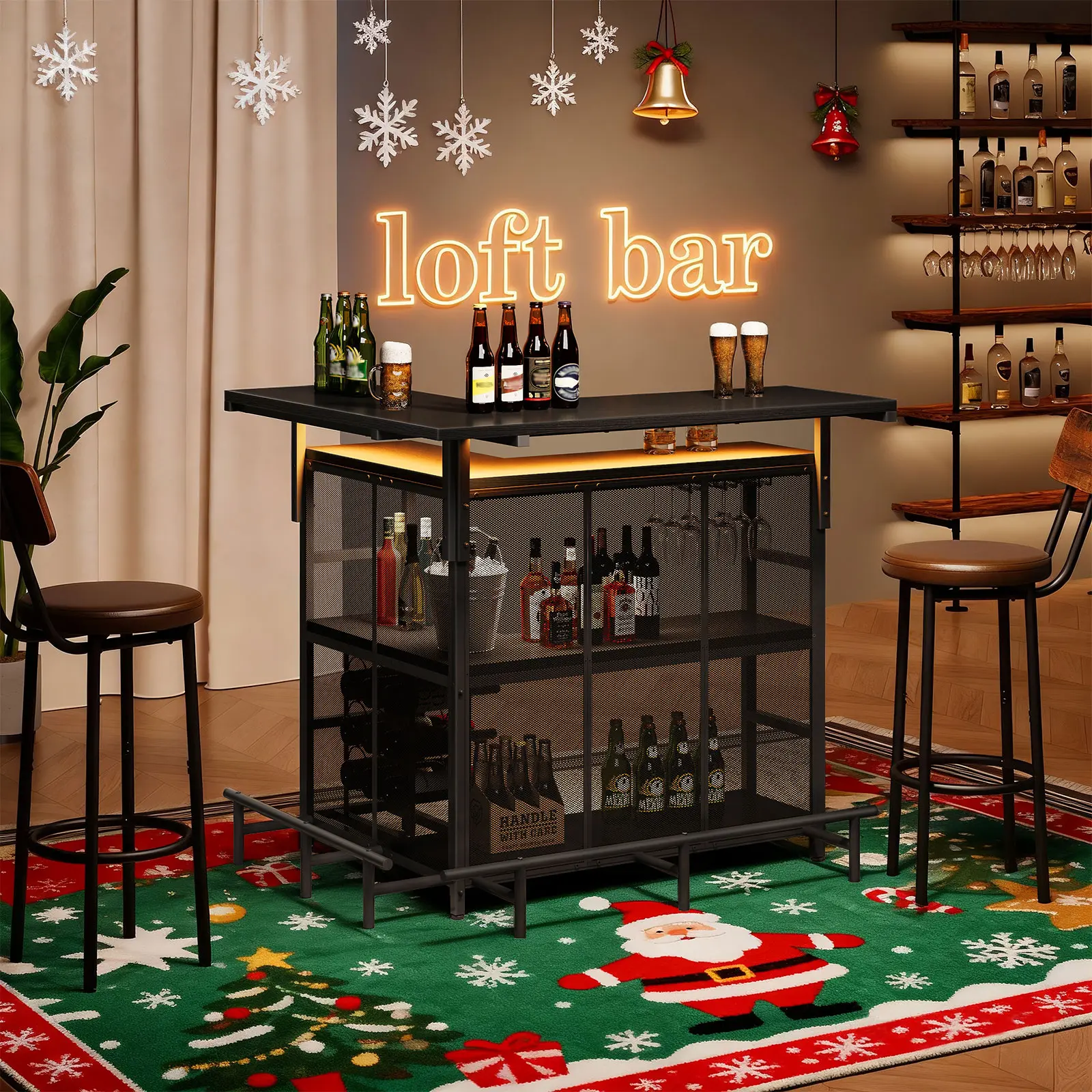 HOOBRO L-Shaped Corner Home Bar Unit with Metal Frame, Adjustable Ft, App-Controlled LED Light, Glasses Holder, 4-Tier Shelves, Footrest, Mini Liquor Coffee Cabinet - Home Decor  for Kitchen, Corner Fit #SummerVibes, Indoor Bar Tables, Multi-Use Bar Table