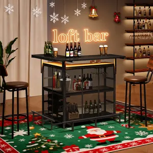 HOOBRO Home Bar Unit, L-Shaped Bar Table with Glasses Holder, and 4-Tier Shelves, Corner Mini Coffee Liquor Cabinet with Footrest,with LED Light APP Control for Home, Kitchen, Pub, Black #SpringSale #BigSpringSale
