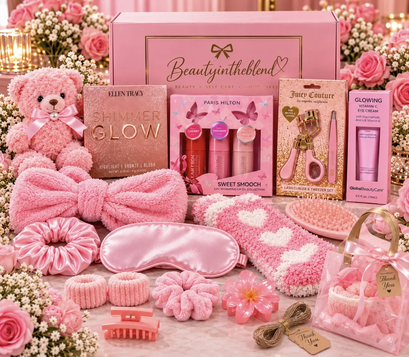 PRETTY IN PINK GLAM Pink Self Care Gift Box for Women – Beauty & Makeup Gift Set with Lip Oils, Skincare & Spa Accessories | Beautyintheblend Pretty in Pink Glam – Limited Edition