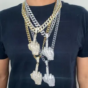 Men Iced Out Middle Finger Large Pendant Lab Diamond Gold Plated Chain Set Metal Coating