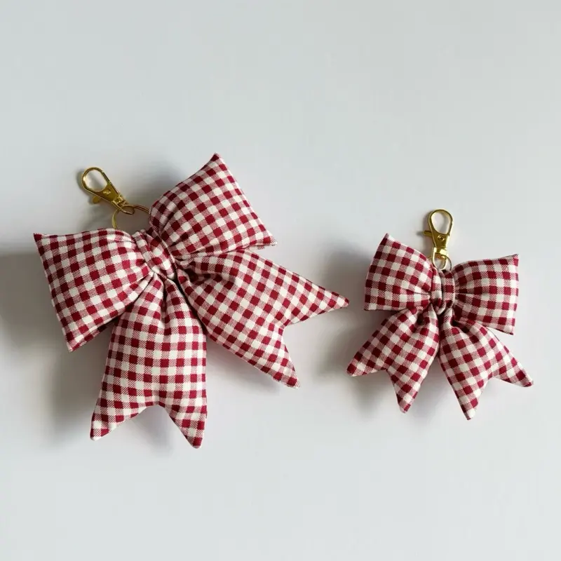 Gingham Red and Cream Plush Bow Keychain, 2 Sizes