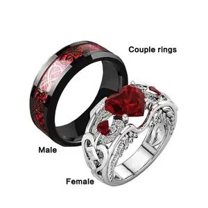 Eternal Love Heart Ring Set, New Heart-Shaped Ruby Women's Ring, Men's Red Ring, Celtic Red Dragon Ring, Couple Ring, Wedding Ring, Engagement, Fashion engagement rings, Bridal Set, Perfect Gift for Him/Her