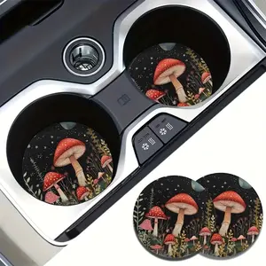 2Pcs Red Mushroom Car Cup Coaster Absorbent Ceramic Cup Holder Mat Cottagecore Aesthetic Car Gadget Travel Road Trip Birthday Gift Idea