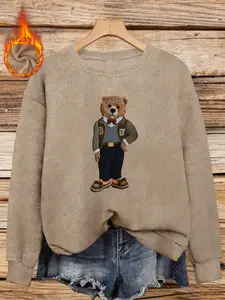 Women's Fall Winter Round Neck Faux Fur Fitted Top, Gentle Skin-Friendly Soft Warm Daily Wear, Gentle Bear Print Graphic Long Sleeve Womenswear