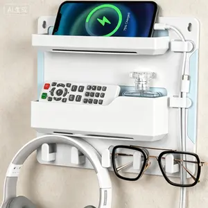 Wall Mount Bedside Organizer with Hooks and Cable Clips, Adhesive Storage Shelf for Phone Remote Kindle, Dorm Room Wall Storage Accessories, Plastic White, Space Saving Bedside Caddy
