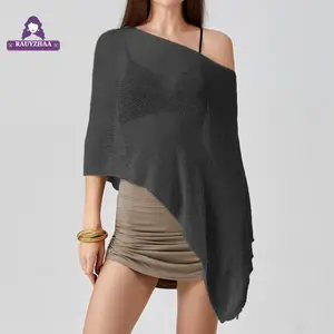 Women Knit Cover-up, See-through Solid Irregular Loose Pullover Summer Beach Tops