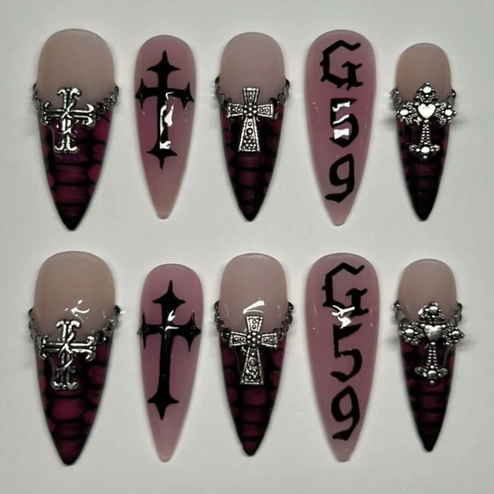 G59 Goth Press On Nails | Burgundy Plaid Cross Nails | Y2K Grunge Chrome Cross Handmade Nail Set