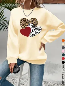 Women's Valentine's Day Heart Love Print Sweatshirt, Casual Fitted Long Sleeve Pullover, Comfortable Breathable Fall Winter Fashion