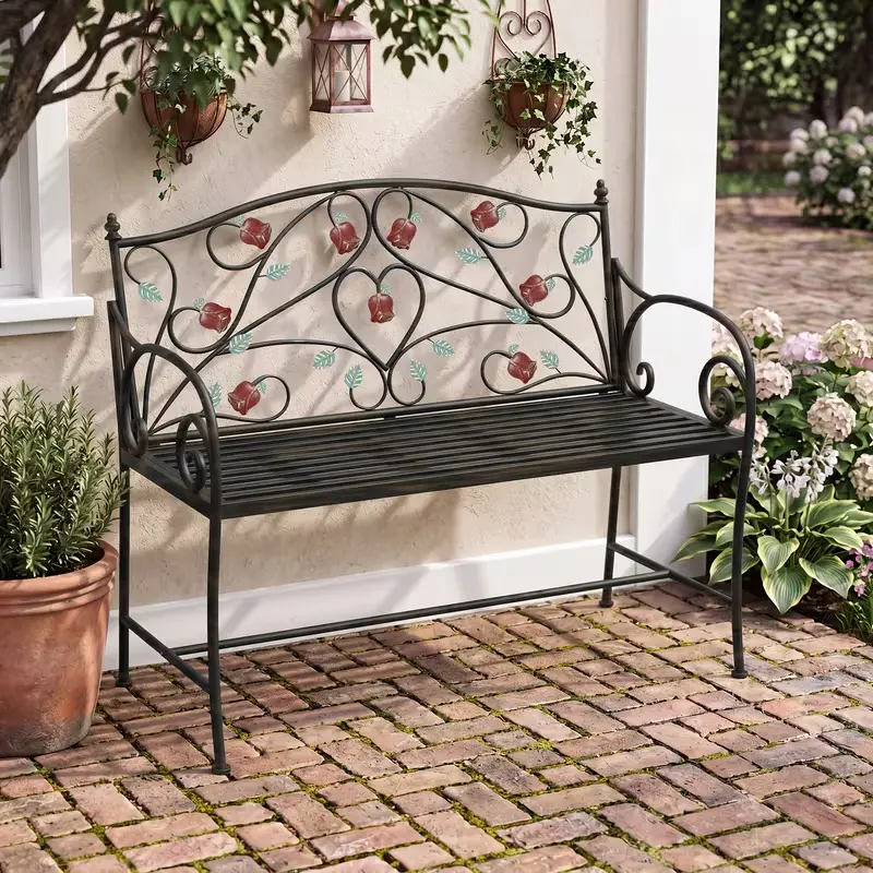 Vintage Garden Bench, Outdoor Wrought Iron Patio Bench with Romantic Rose Design. Extra-wide seat built for two people. Perfect for gardens, patios, porches, parks and backyards.