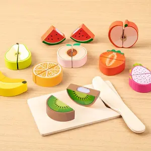 Wooden Play Food Cutting Toy Set - Pretend Play Kitchen Accessories for Kids, Fruits Vegetables Seafood Learning Toys