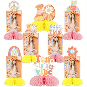 8Pcs Groovy 10th Photo Honeycomb Centerpieces Boho Peace Out Single Digits Im 10 Girl Birthday Party Table Decorations Ten is a Vibe Photo Decor for Groovy Tenth Birthday Party Supplies