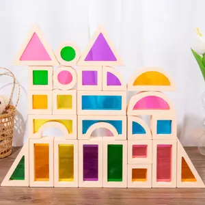 Wooden Acrylic Rainbow Building Blocks Set, Preschool Sensory Toy, Montessori Educational Learning Tool, Suitable for Kids Aged 3-5 Years, Shape Sorter