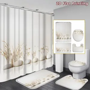 4PCS Natural Pebble and Dried Grass Shower Curtain set, Neutral toned Pebble and Dried Grass Bathroom Decor, Accessories with Bath Mat, U-shaped Mat, Toilet Lid Cover, 12 Hooks 180x180cm Curtain, Nature Aficionado, Home Decor, bathroom accessories