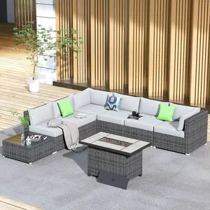 【Summer Vibes】Ovios Patio Furniture Set 8-Piece Outdoor Wicker Rattan Sectional Sofa Set with Cushions, 42.12'' Fire Pit Table, All-Weather Conversation Set for Backyard Garden Deck Patio Balcony Porch Lawn