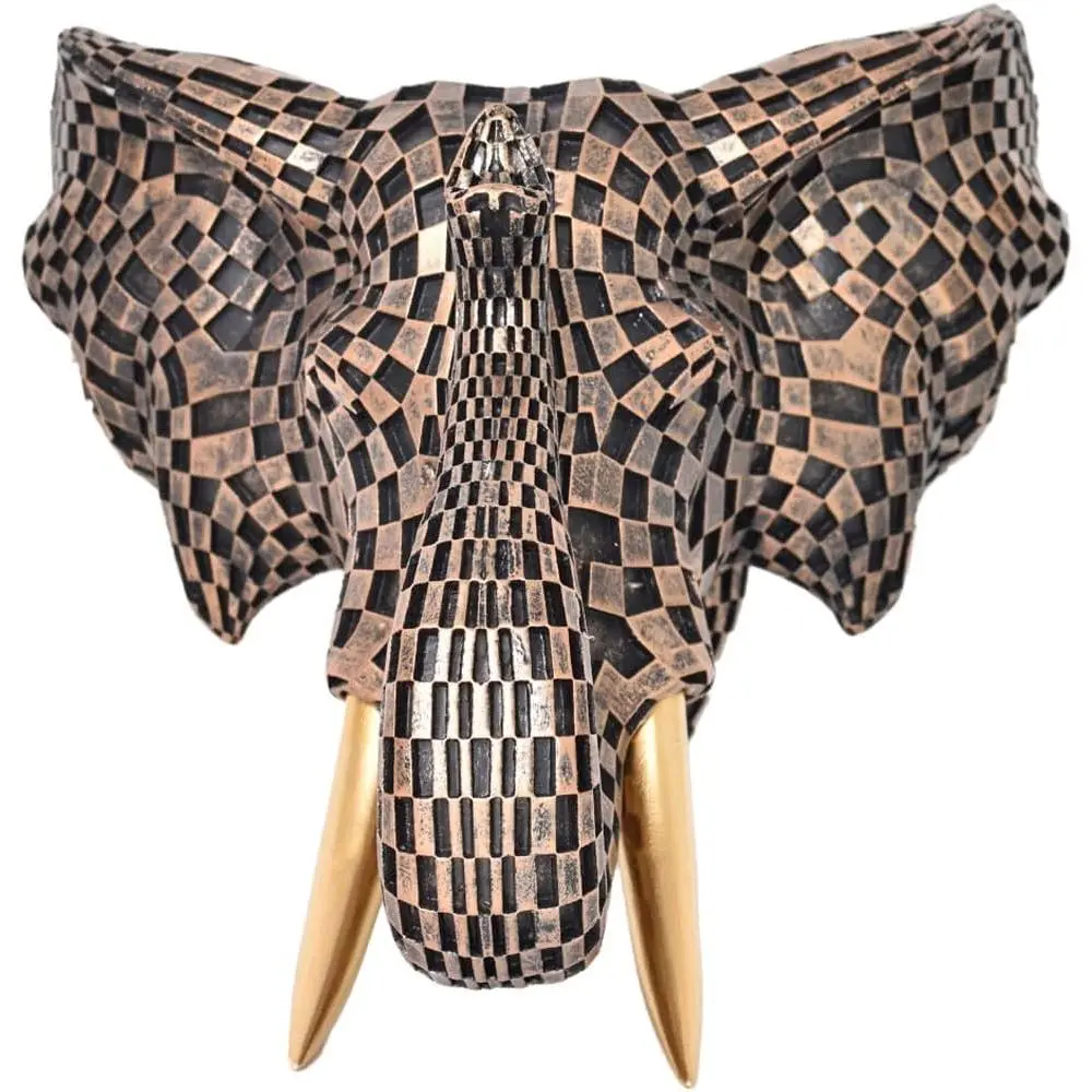 GIGICICI Single 9x7.8-Inch Lightweight Synthetic Resin Vintage Geometric Mosaic Elephant-Black White Animal Head Wall Sculpture - Hanging Wall Mount Art, Artistic Decor, Bedroom Room Accent, Gift for Art Enthusiasts