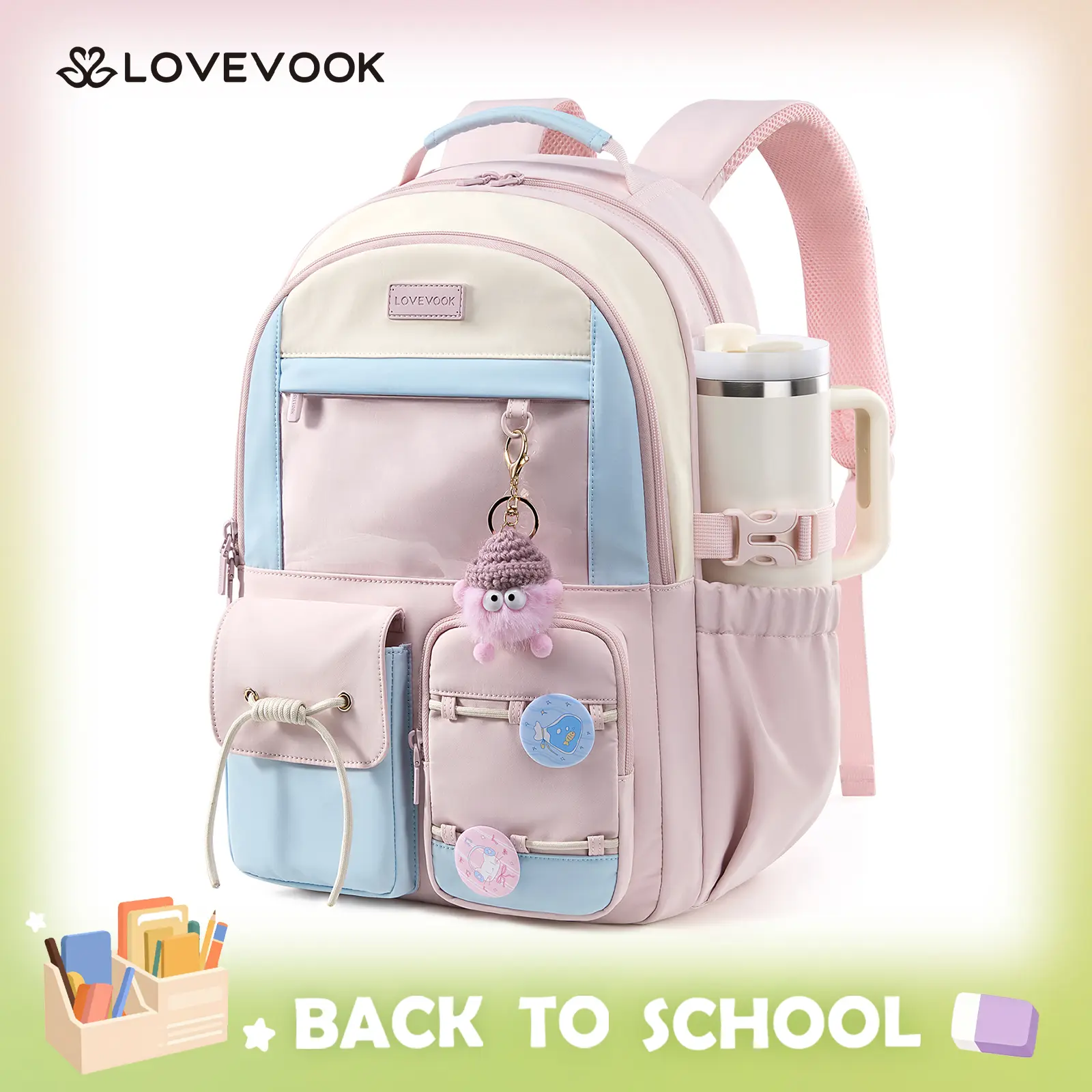 LOVEVOOK School Backpack for Teen Girls, Cute Student Kids Bookbag Ita Bag | Ages 8-16,Back to School,Large Cup Holder,DIY,Fit 15.6"Laptop,Multiple Pockets,College Travel Backpack,Clear Display Pocket, TikTokShopBackToSchool