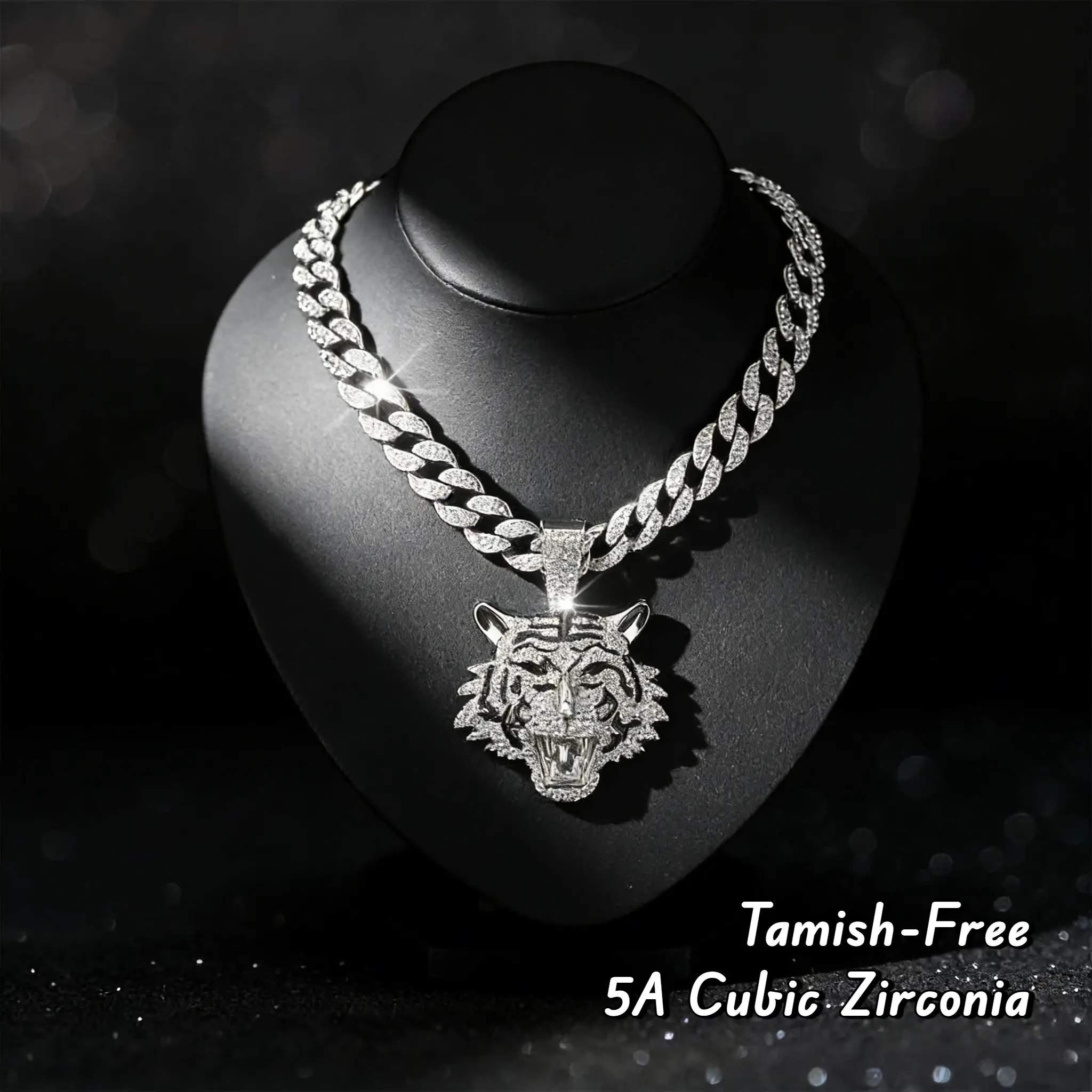 Miami Cuban Link Chain for Tiger Pendant, Gold/Silver Plated Diamond Necklace, Iced Out Hip Hop Jewelry Gift,Cuban Link Chain for Men with Pendant,Fashion Jewelry for Party, Daily Decor, for Birthday Gift