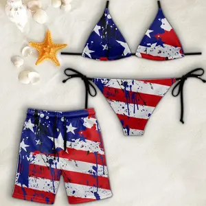 Vintage Patriotic USA Couple Matching Swimwear Set,  Print Swimsuit Retro Camouflage Bathing Suits outfits, Couple Beachwear