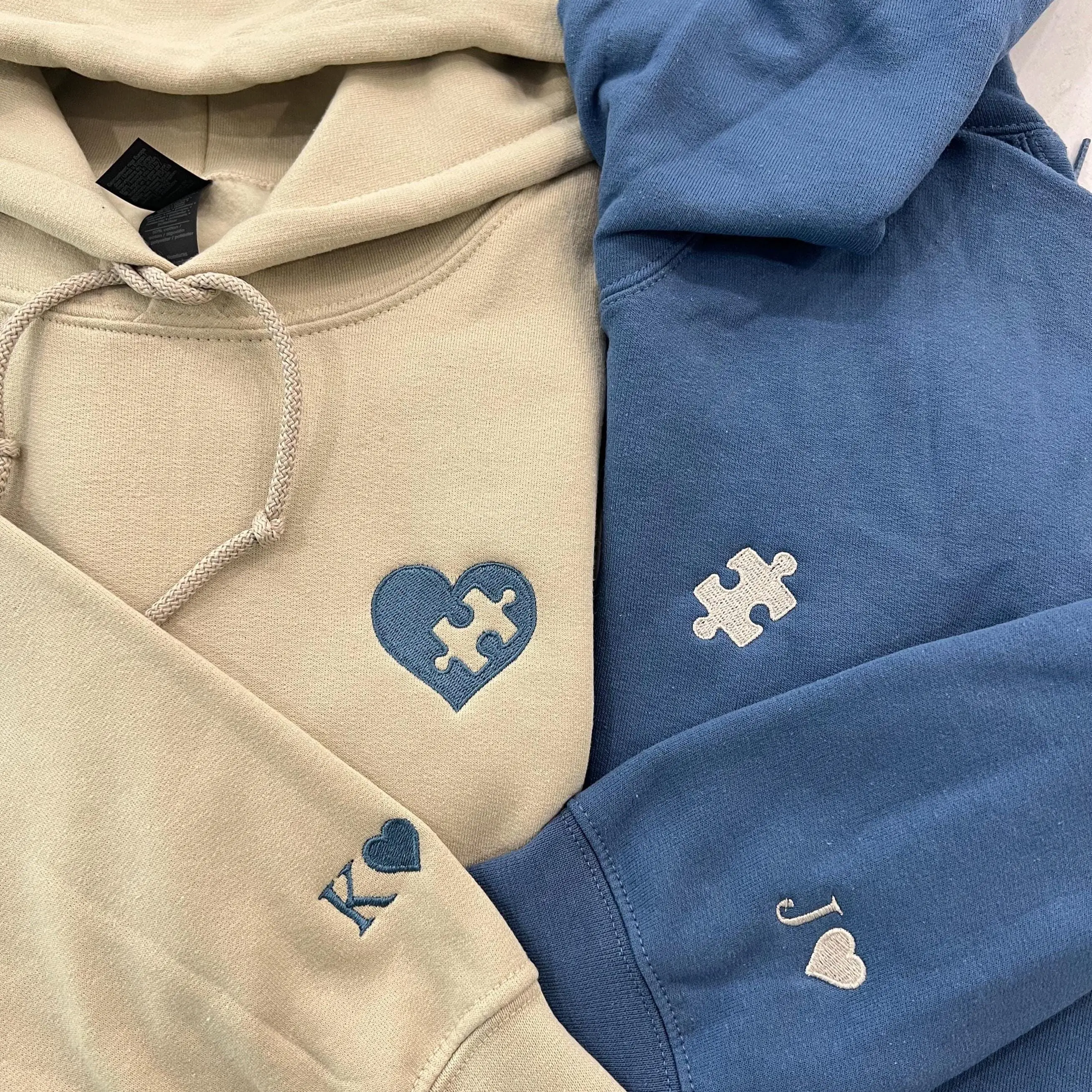 Custom Initial Heart and Puzzle Piece Couples Matching Sweatshirt Hoodie, Initial With Heart On Sleeve, Anniversary Gift, Valentines Day Gift