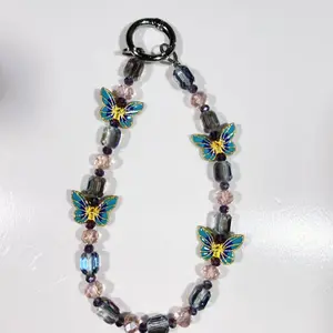 Colorful Alloy Butterfly Mobile Phone Pendant with Blue Beads and Crystal Accents for Stylish Accessory Use Smartphone Cellphone
