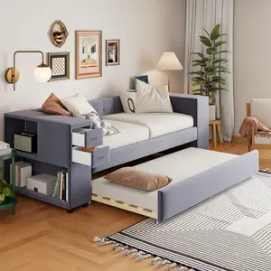 [Bellemave]Twin Upholstered Bed with Storage and Twin Trundle, USB Charging Ports, French Velvet