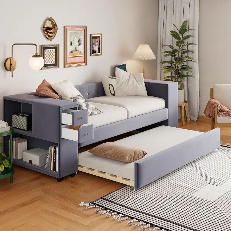 [Bellemave]Twin Upholstered Bed with Storage and Twin Trundle, USB Charging Ports, French Velvet