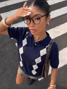 Elegant Women's Spring Summer Fashion Casual Home Office Commute Basic Simple Fitted Knit Geometric Plaid Collar Button Half Open Shirt Short Sleeve Pullover